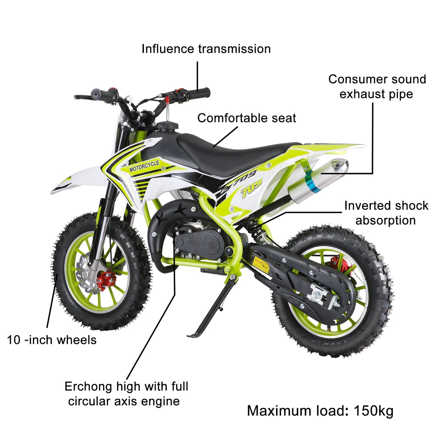 Happydeer Dirt Bike for Kids & Adults, Mini Motorcycle, 2-Stroke Pocket Rocket Motor-Bike 49cc Gas Motorcycle, Tires Shock Absorption Springs Soft Seat Off-Road Tires Shock Absorption, Yellow Green