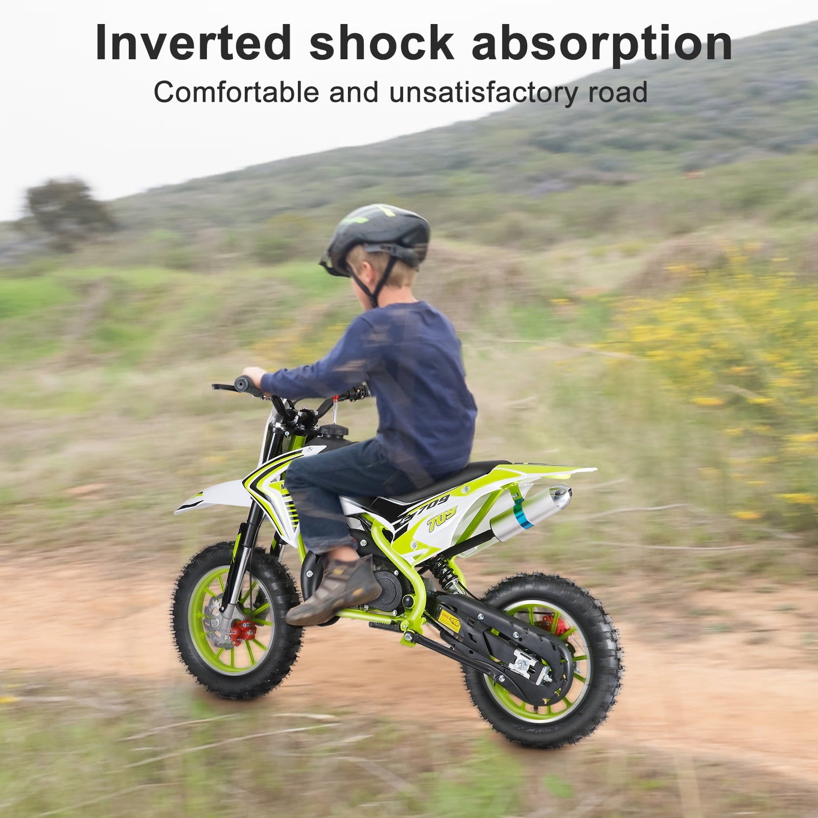 Happydeer Dirt Bike for Kids & Adults, Mini Motorcycle, 2-Stroke Pocket Rocket Motor-Bike 49cc Gas Motorcycle, Tires Shock Absorption Springs Soft Seat Off-Road Tires Shock Absorption, Yellow Green