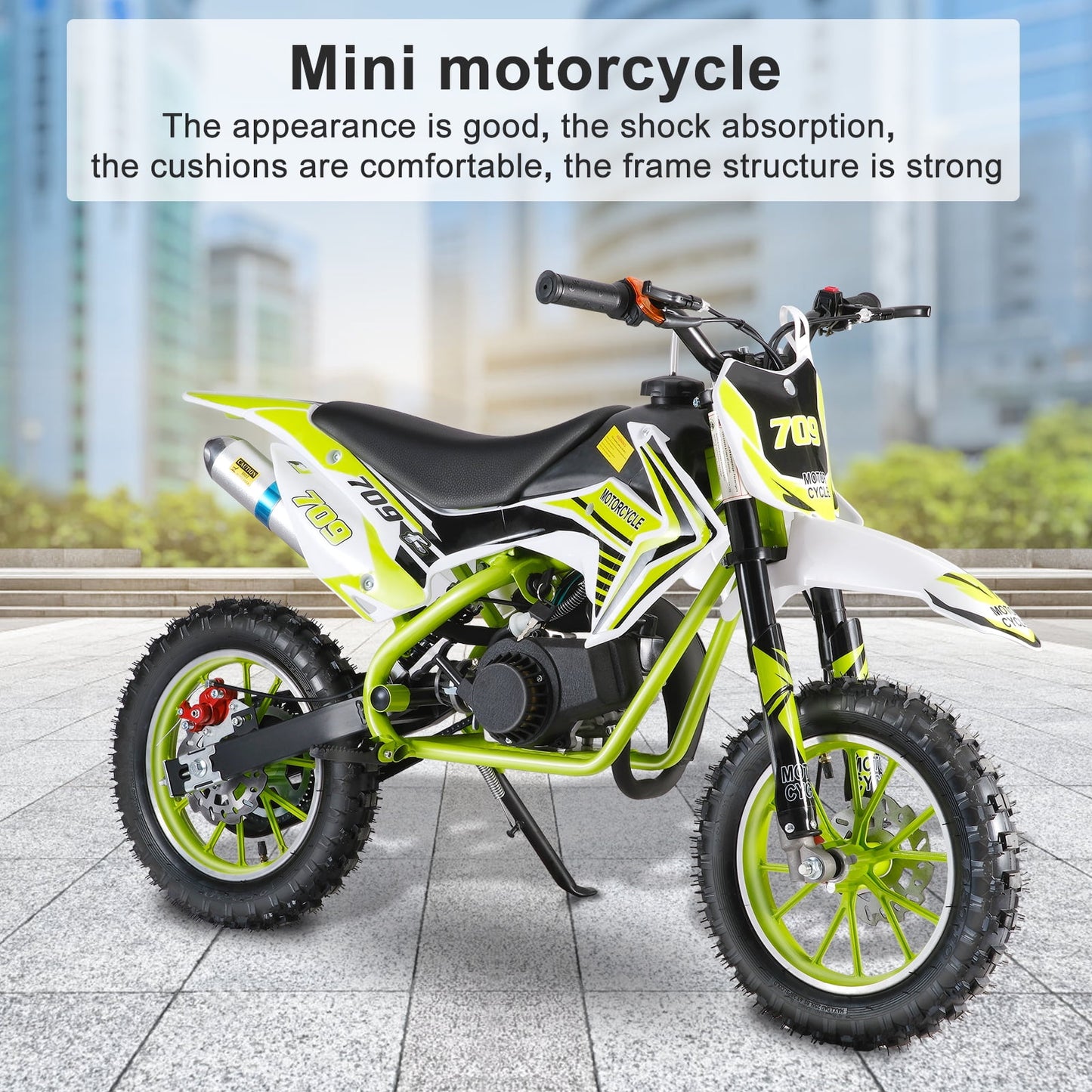 Happydeer Dirt Bike for Kids & Adults, Mini Motorcycle, 2-Stroke Pocket Rocket Motor-Bike 49cc Gas Motorcycle, Tires Shock Absorption Springs Soft Seat Off-Road Tires Shock Absorption, Yellow Green